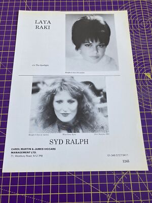 Laya Raki. Rare, Original 1982/83 acting agency Z-page