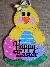 HAPPY EASTER CHICK w/EGGS SIGN Wall Art Door Hanger PLAQUE Seasonal Spring Decor