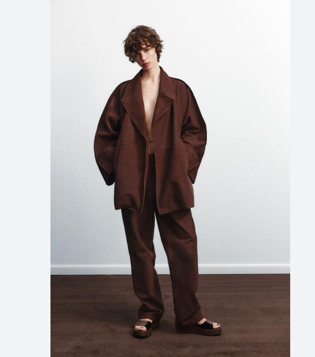 Zara Womens Suede Leather Trench Coat Jacket Brown M Oversized NWT