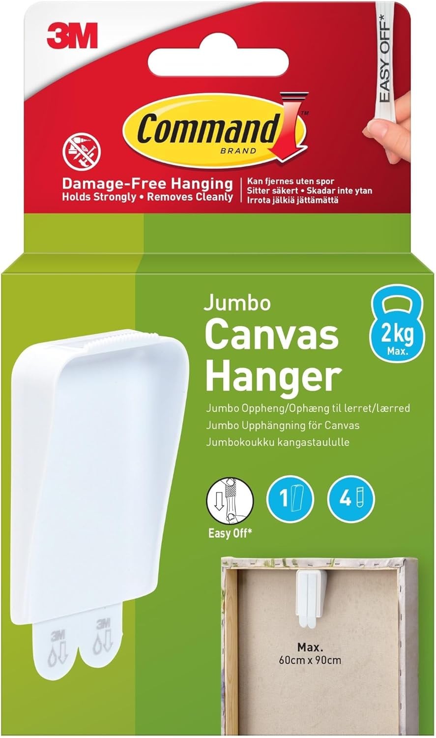 Command Jumbo Canvas Hanger Hook Pack of 1 Hook + 4 Strips White Damage-Free