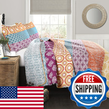 Lush Decor Bohemian Stripe Reversible Cotton Quilt Set 3 Piece Set King Fuchsia
