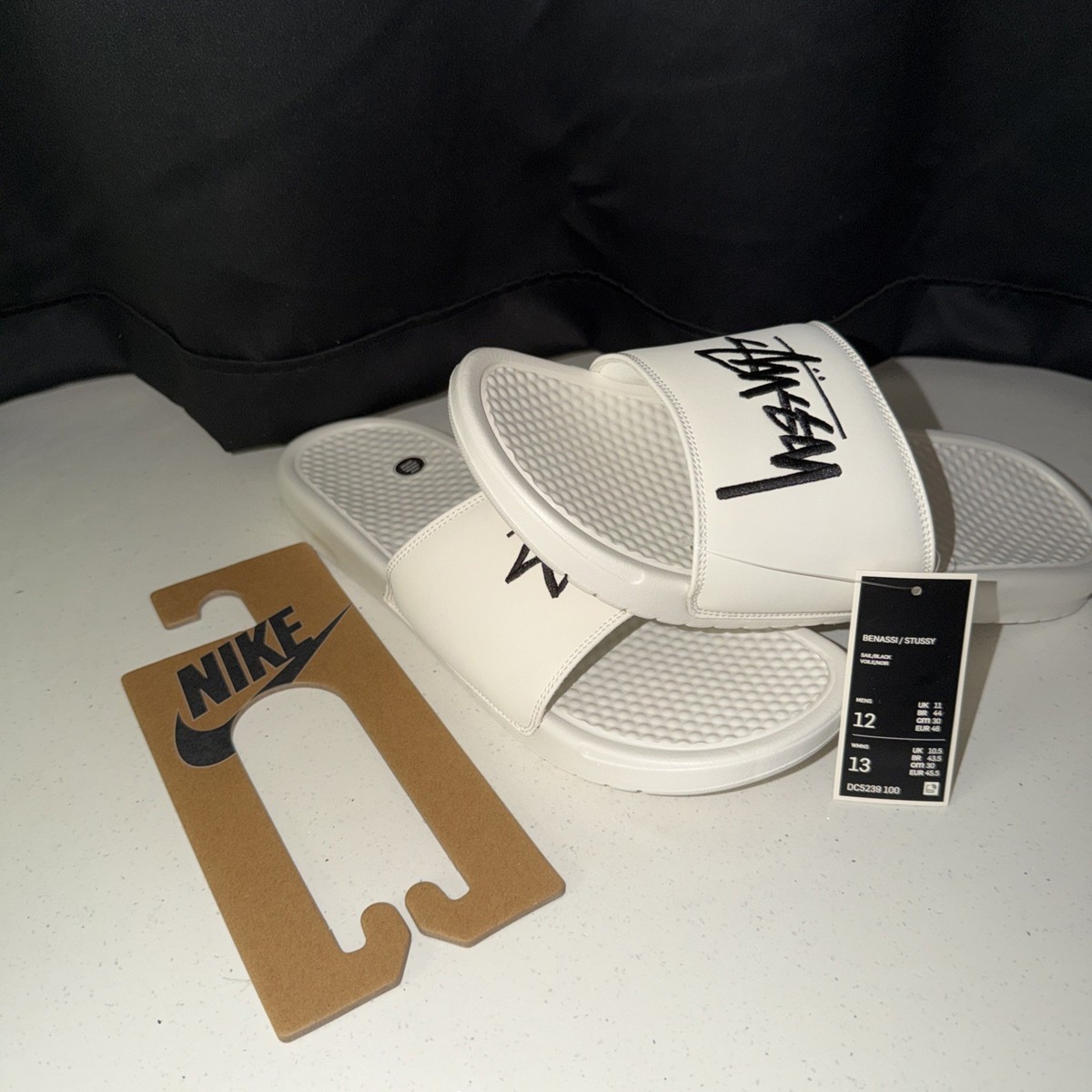 NIKE X STUSSY BENASSI SLIDES WHITE SAIL BLACK MEN'S Sz 12