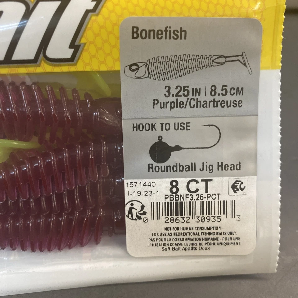 Berkley Powerbait 3,25” Bonefish Purple Chartreuse paquete de 8 unidades Foto 3 de 4