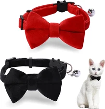 2 Velvet Cat Collar with Bow Tie and Bell Adjustable Breakaway Kitten Puppy Coll