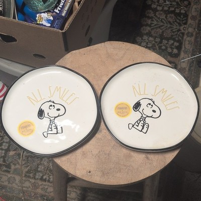 Rae Dunn x Peanuts Snoopy ''ALL SMILES'' Dessert Plates Set of 2, 8'' Ceramic