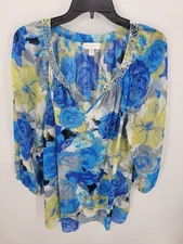 Charter Club Luxury Top Womens Plus 1X Blue Artsy Floral Beaded Neckline Popover