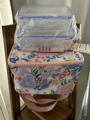 Floral Cat Lunch Bag Pink with Rectangular Snap Lid Lunch Box Set 
