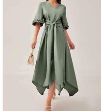 Women's Dress Frilled Hanky Hem Tie Front Sage Green Small NEW