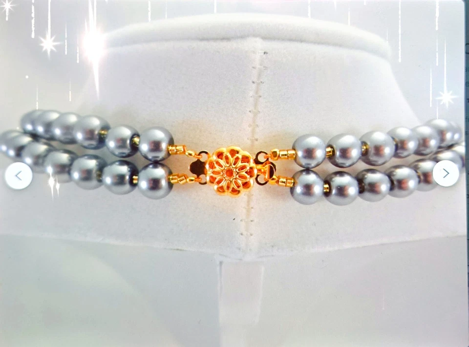 Collar Dos Hilos, Estilo Clásico 6mm Perla de Vidrio Peltre en Color Crema Foto 2 de 4