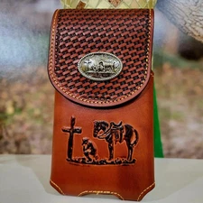 Praying Cowboy Western Phone Holster Genuine Leather  Phone Case 7x4 Inches 