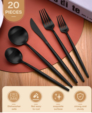 20-Piece Matte Black Silverware Set, Stainless Steel Flatware Set for 4, Sati...