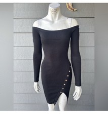 Black Off Shoulder Knit Bodycon Dress Mini Long Sleeve Button Accent