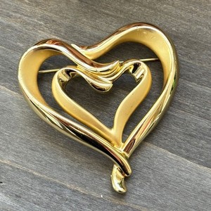 Vintage Double Heart Gold Tone Brooch