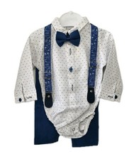 Baby Boys 4pc Set Dress Shirt Bodysuit/Pants/Suspenders / Bowtie 3-6 Months