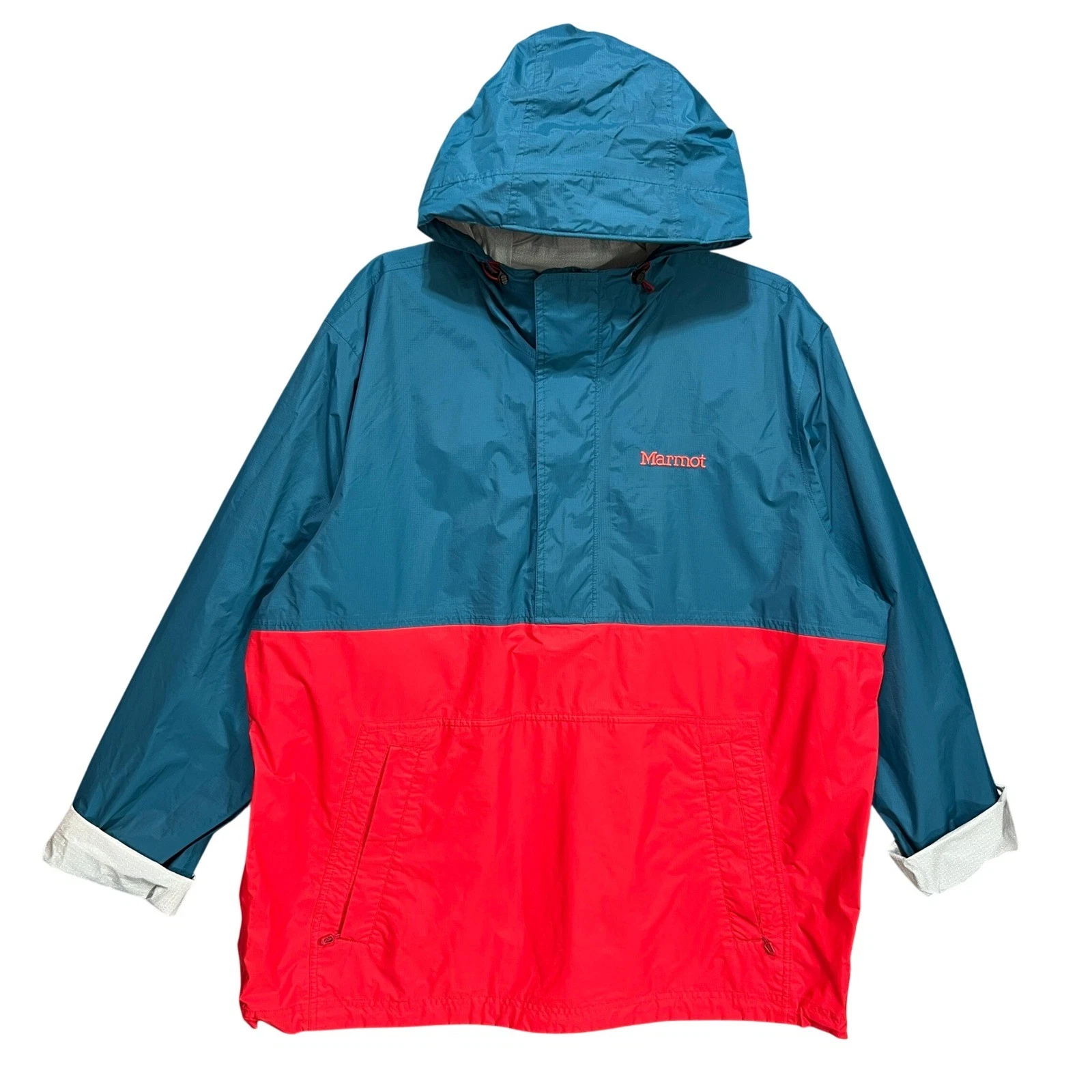 Marmot PreCip Eco Anorak Rain Jacket Mens XL Teal Red Colorblock Waterproof Hood
