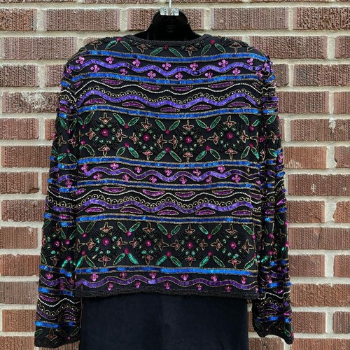 Papell Boutique Evening Beaded Sequin Jacket 100% Silk Green Purple Sz 12 - Picture 4 of 12