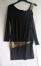 Gold Sequin And Black Knee Length Oversized Dress, One Cold Shoulder, Size 12