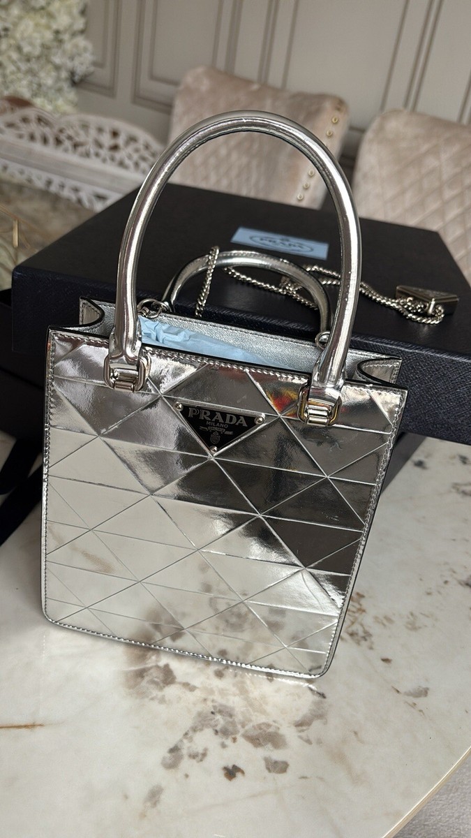 バッグ PRADA SILVER LEATHER LOGO MINI HAND BAG Silver Prada mini tote bag | eBay UK