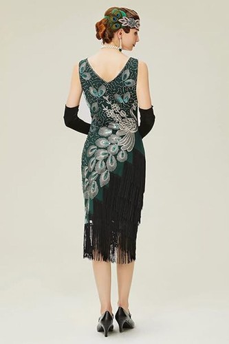 BABEYOND 1920s Vintage Peacock Sequined Dress Gatsby Fringed Flapper Dress Roari - Picture 2 of 6