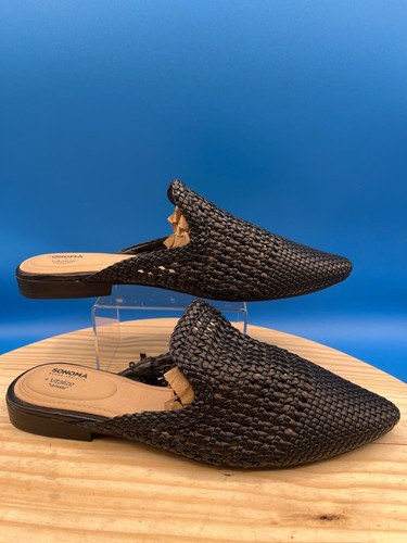 Sonoma Vitalize Mules Sandals Women's Sz 10 Black Leather Woven Pointed Toe - Picture 2 of 14