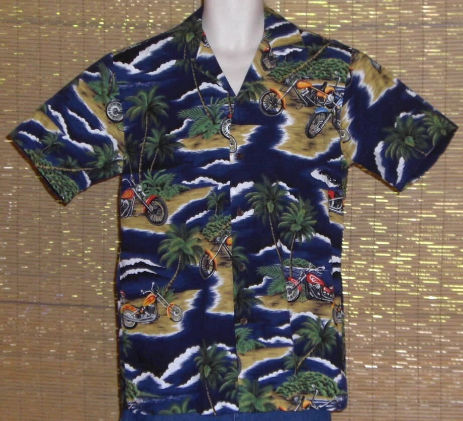 Mens RJC Hawaiian Shirt Blue White Palms Motorcycles Flowers Beaches Size Small