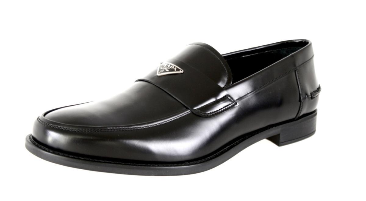 AUTH LUXURY PRADA LOGO LOAFER SHOES 2DC085 BLACK LEATHER NEW