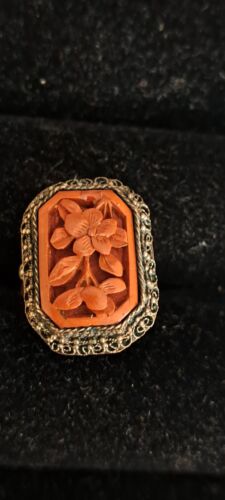 Vintage Chinese Red Carved Cinnabar Brass Ring, Adjustable