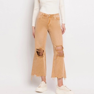 Vervet Women Mustard Tan Distressed Wide Leg High Rise Jeans Size 27 e3