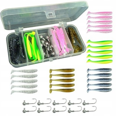 SET für Spinnruten 25 KÖDER FL 10 JIGKÖPFE + BOX Barsch Hecht M 5,5cm