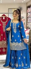 Classic Look Heavy Chinnon Silk Blue Top Palazzo And Dupatta For Function Wear