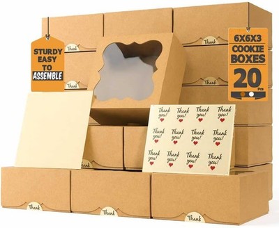 20 Pack Cookie Boxes for  Giving   6X6X3 Inches Bakery Boxes with Window - Extra