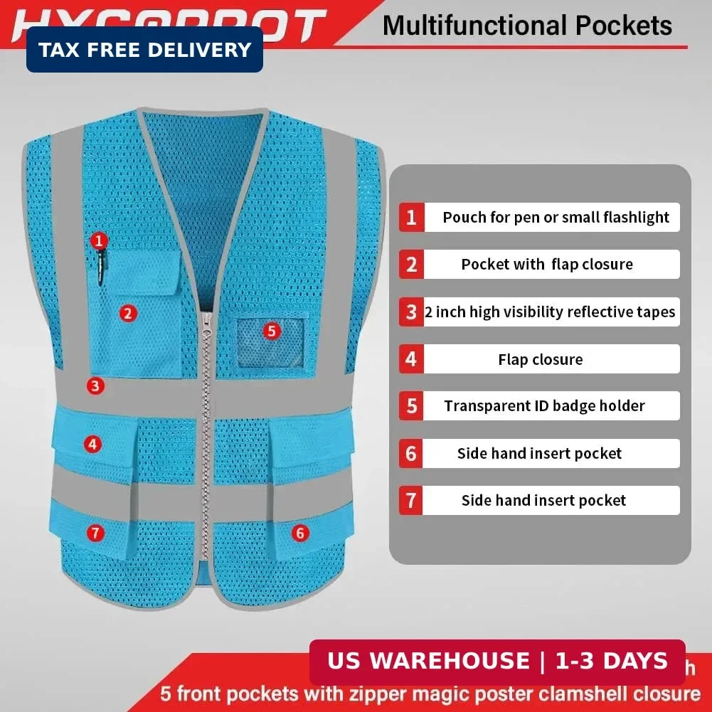 HYCOPROT High Visibility Mesh Safety Reflective Vest with Pockets and Zipper, Me - product detail image 2