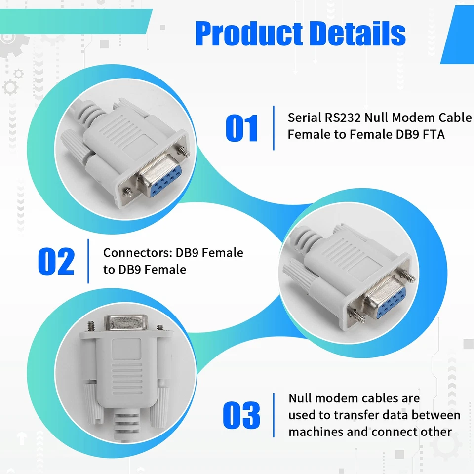 1PC 5ft F / F Serial RS232 Null Modem Cable Female to Female DB9 FTA Cross5841 - Image 2 of 4