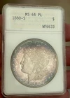 1880-S $1 Morgan Silver Dollar MS-64PL Old ANA Holder Gorgeous Purple Toning