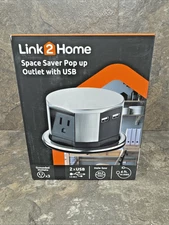 Link2Home Space Saver Pop Up Power Outlet With 2 USB - 3 Outlets -EM-PU-100E NEW