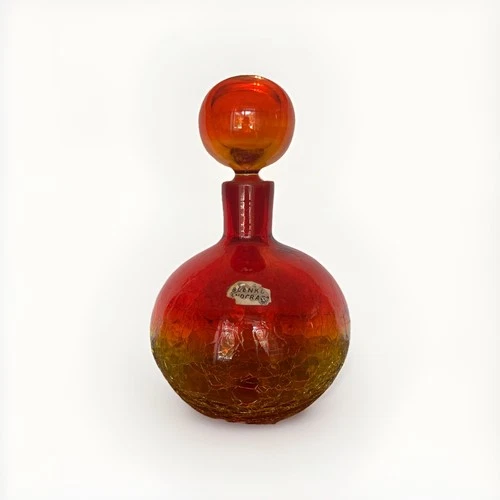 Vintage MCM Blenko Crackle Glass 636s Decanter & Stopper Tangerine 8.5”