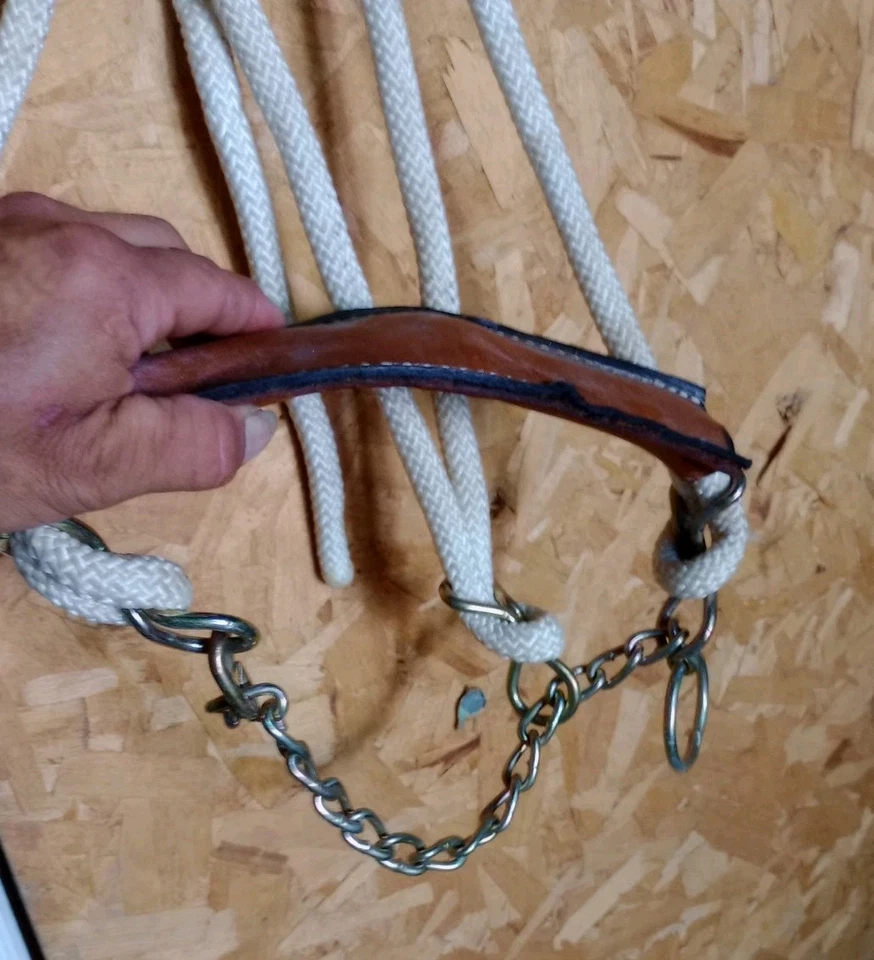Soporte de control de cuerda de nailon blanco con banda nasal de cuero y cadena Foto 3 de 4