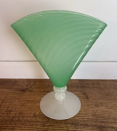 Steuben-Carder Era Jade & Alabaster Uranium Glass Optic Fan Vase #6287