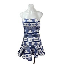 Line and Dot Blue White Aztec Tribal Strapless Sweetheart A Line Mini Dress Sz S