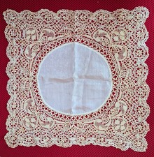 Antique Wedding Lace Handkerchief Victorian Silk Maltese Bobbin Lace -12.5 In