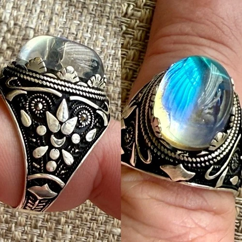 💍 Vintage 925 Silver Ring w/ Glowing Blue Moonstone – Investment Art 💍