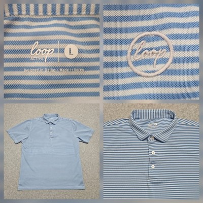 Loop Active Polo Golf  Shirt Mens Large Blue Striped Performance Stretch