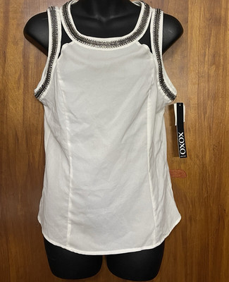 XOXO White Chiffon Beaded Keyhole Round Neck Sleeveless Blouse M Zip Back