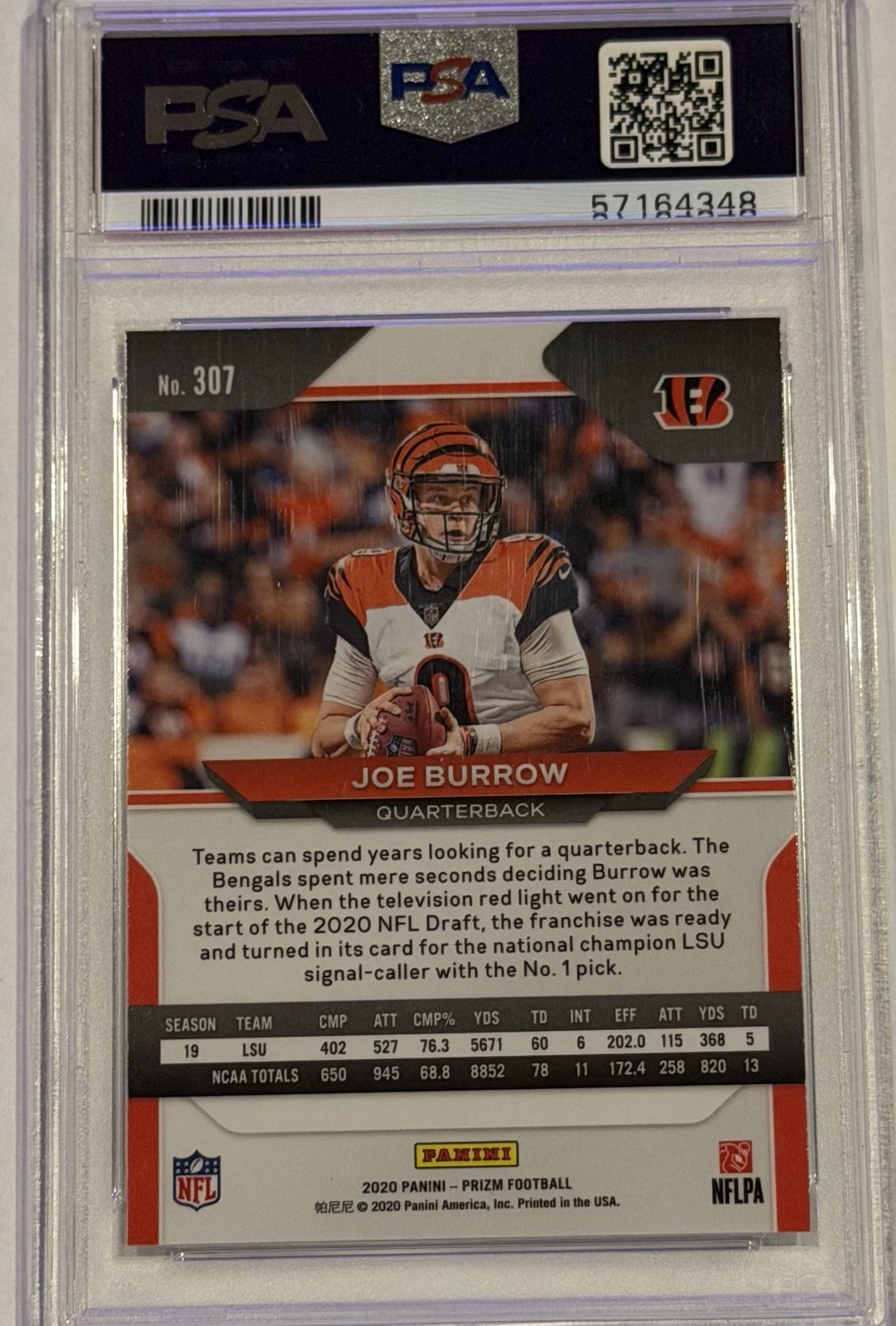 Panini Prizm 2020 Joe Burrow RC Base Set #307 PSA 9 Cincinnati Bengals view 2