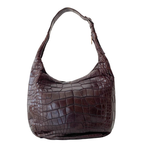 LOEWE Croc Embossed Brown Leather Hobo Shoulder Bag