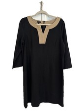 Talbots Sheath Zip Dress Black Beige Trim 3/4 Sleeve Rayon Blend Comfy Drape 12