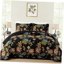 Quilt Set Size Botanical Bedspread Bedding Sets, 3 Pieces Floral Queen Black