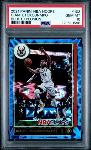 2021-22 Panini NBA Hoops Giannis Antetokounmpo #103 Blue Explosion /59 PSA 10