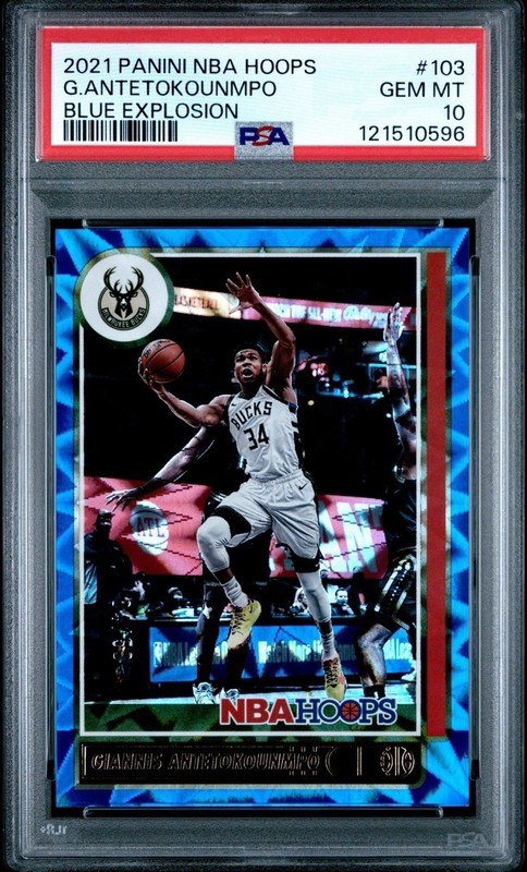 2021-22 Panini NBA Hoops Giannis Antetokounmpo #103 Blue Explosion /59 PSA 10