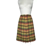 Caline Green Pink Plaid Mohair Fuzzy Wool Skirt made in Italy size 10 Vintage